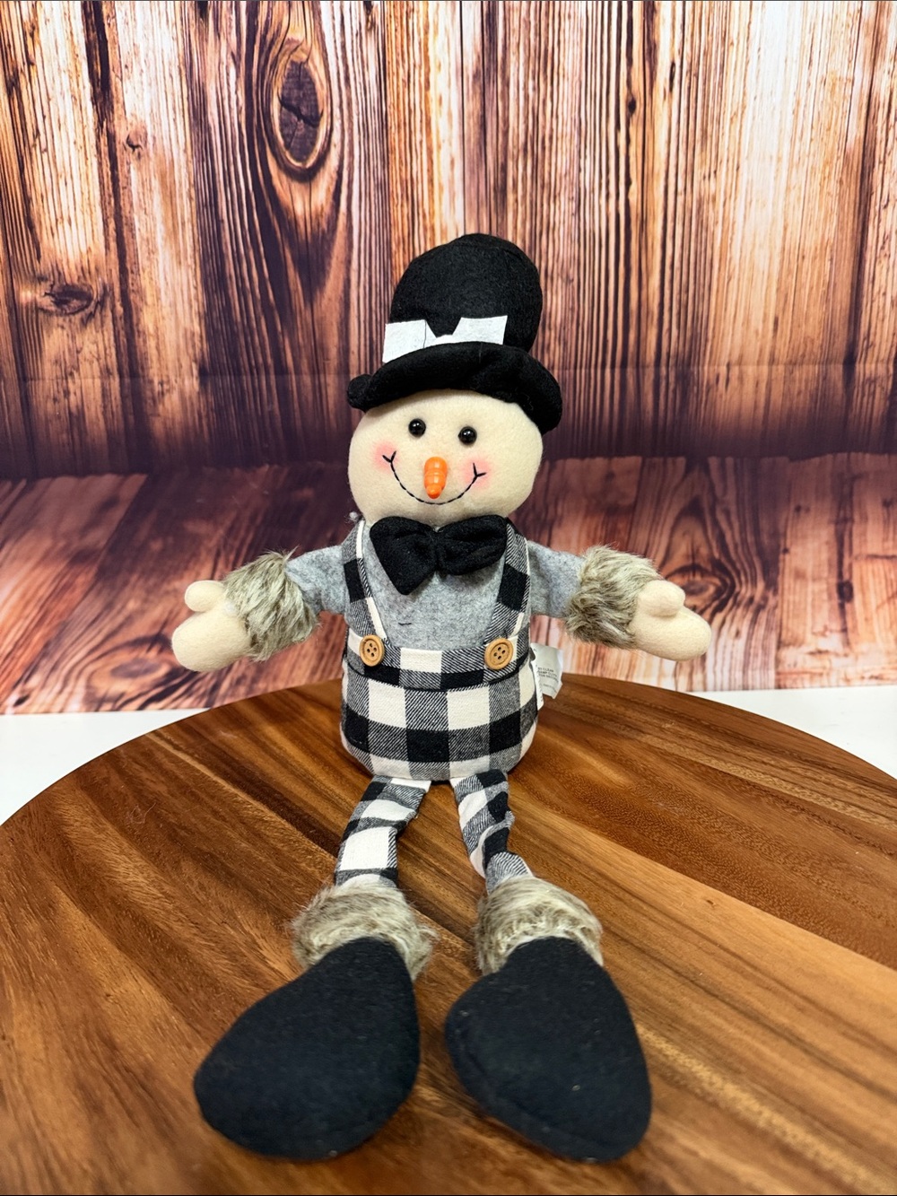 Festive Black & White Snowman Plush Decor with Bow Tie
